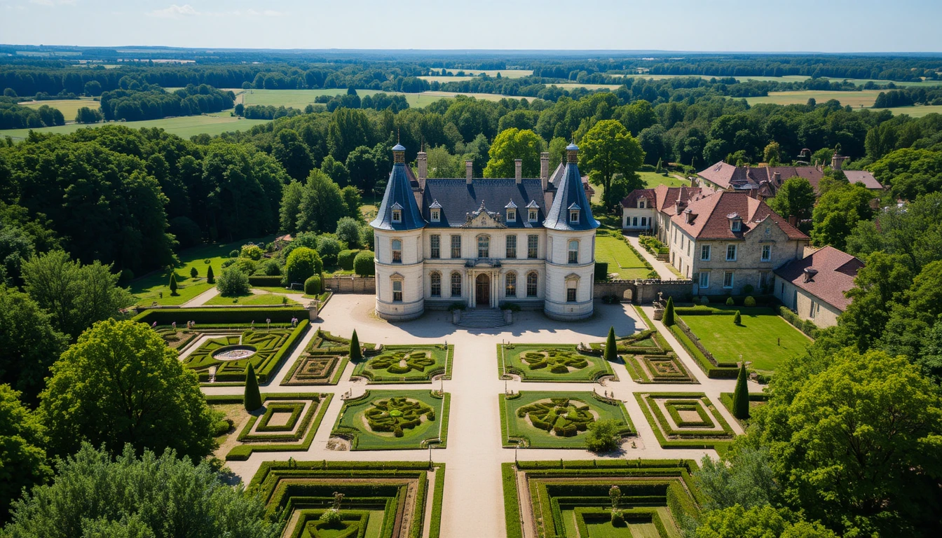 Aerial view of a historic French chateau and formal gardens