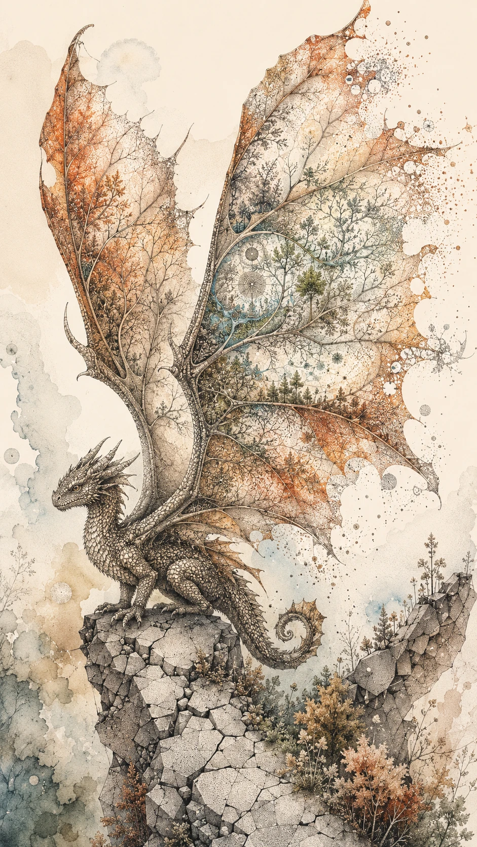 Tiny ancient dragon with leaf wings on fractured stone