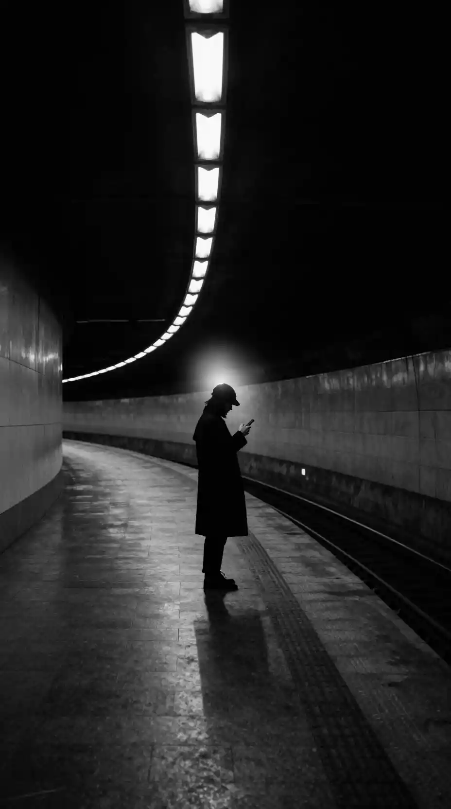 Solitary silhouette on a curved subway platform at night