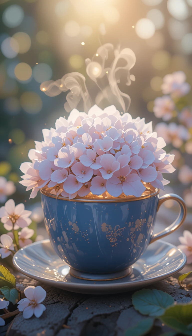 Hydrangea Resting Above A Steaming Cup Of Hot Tea
