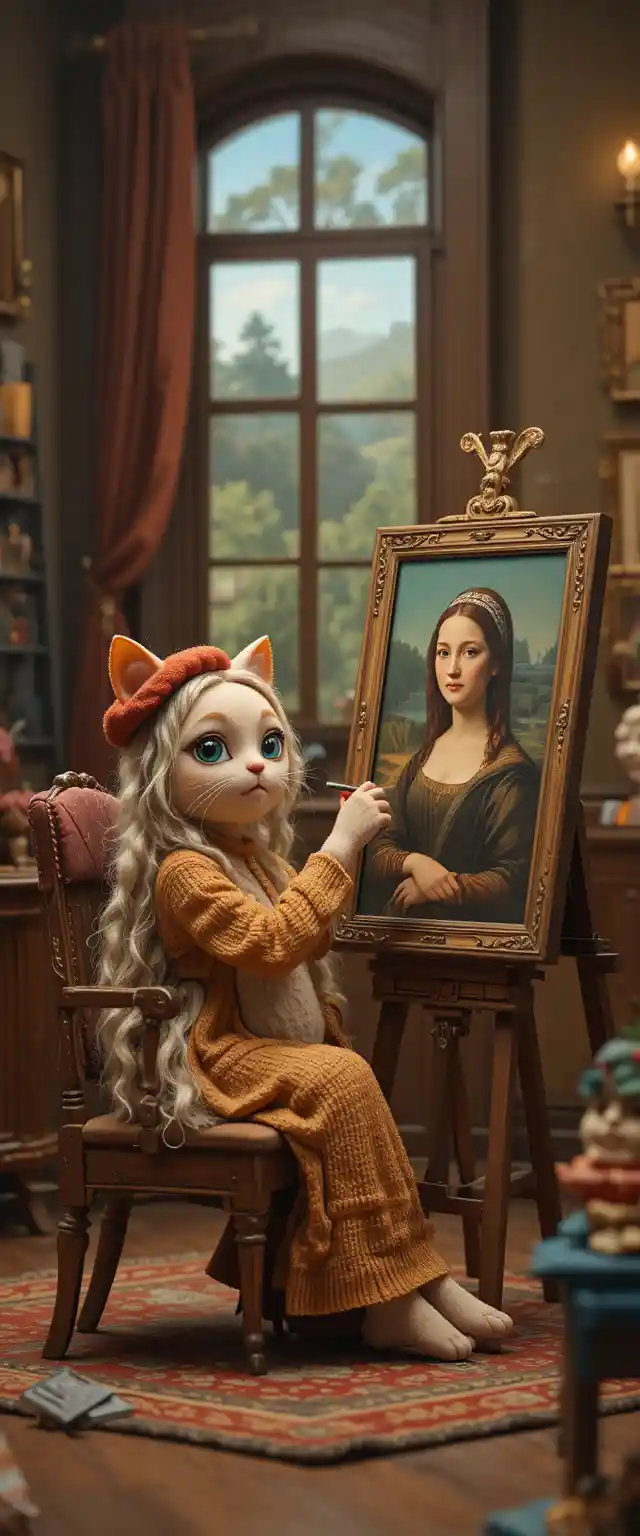 Whimsical cats painting a Mona Lisa portrait in vintage studio