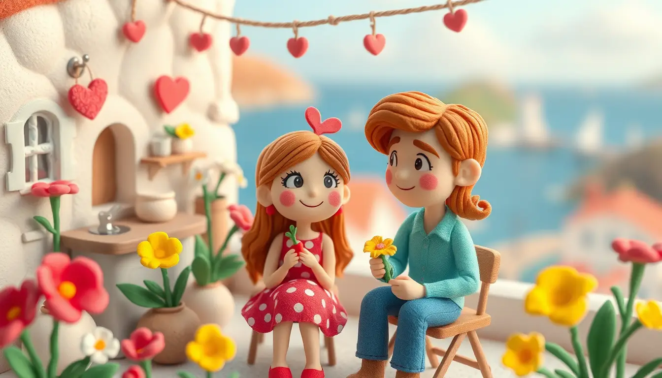 Whimsical clay girl with flowers in a seaside village