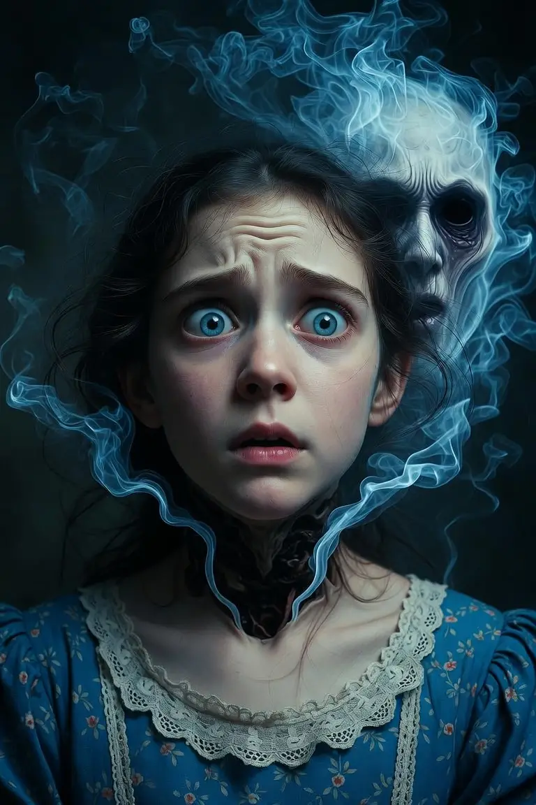 Terrified girl with ghostly apparition at her neck