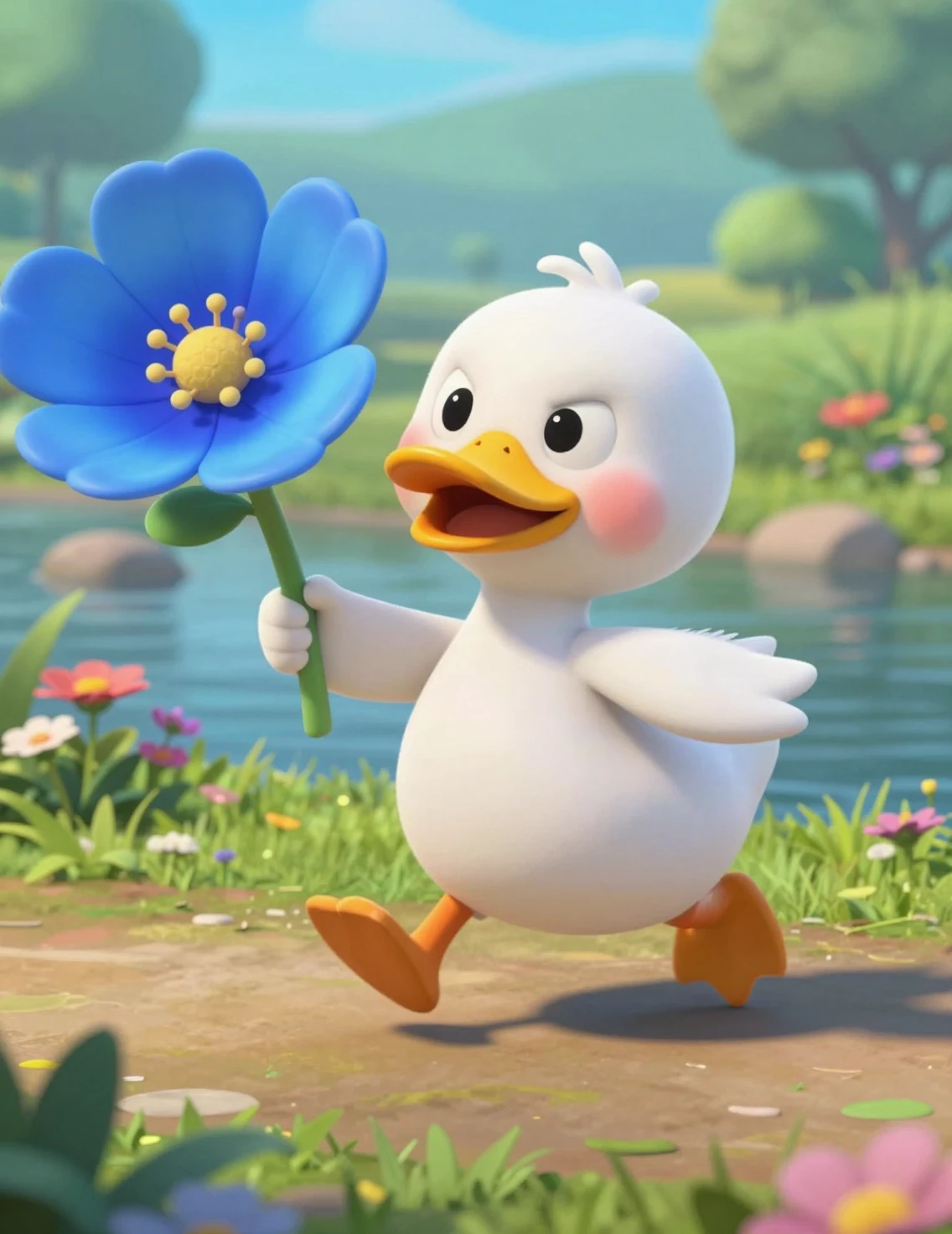 Cute 3D duckling hero running by a flowered riverbank