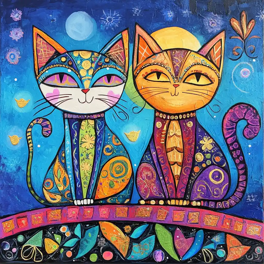 Two ornate fantasy cats in love on a rooftop
