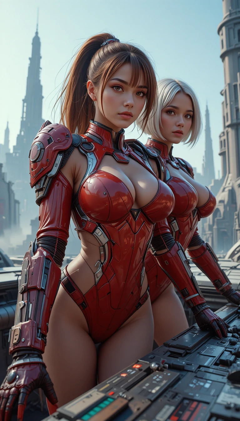 Two sci fi women in red armor leaning over console
