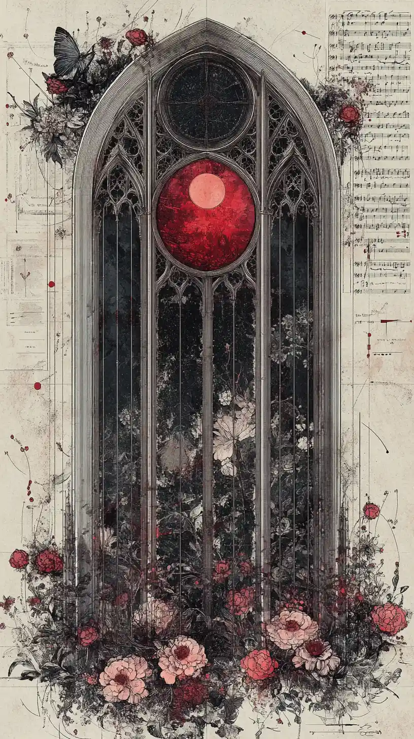 Gothic window opening into nested surreal worlds of detail