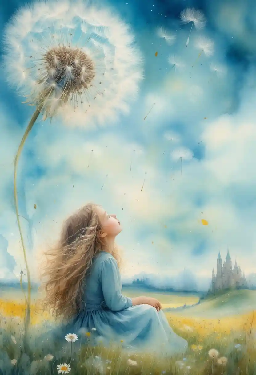Young girl beneath giant dandelion in a dreamy meadow