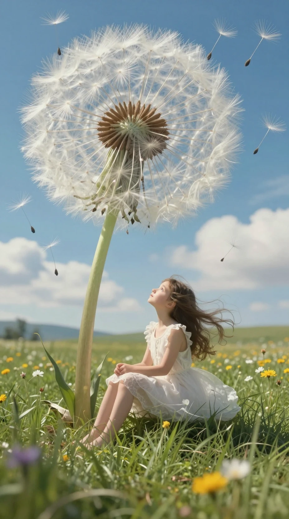 Girl beneath giant dandelion in a dreamy meadow