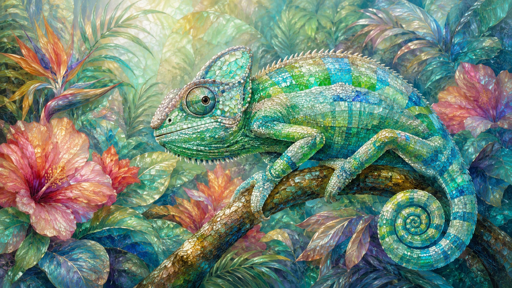Colorful chameleon in a lush tropical jungle illustration