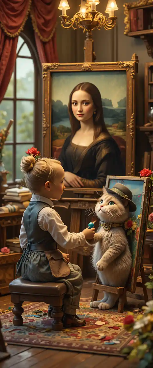Fluffy cat artist painting a feline Mona Lisa in studio