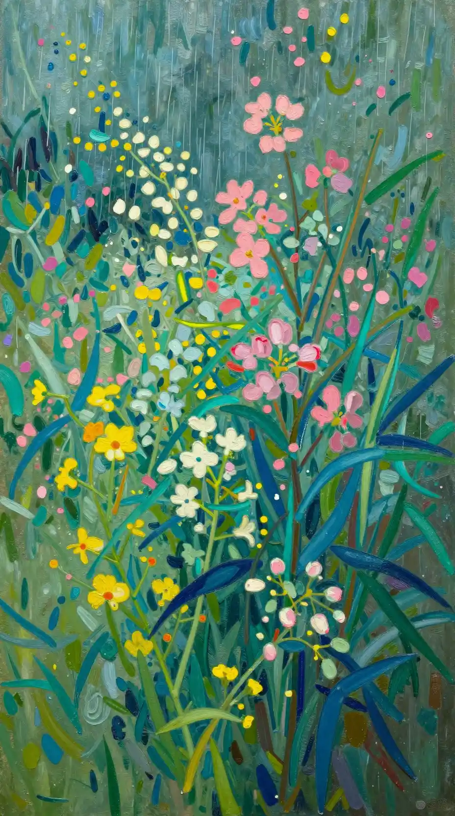 Abstract wildflower painting in vibrant rainy motion