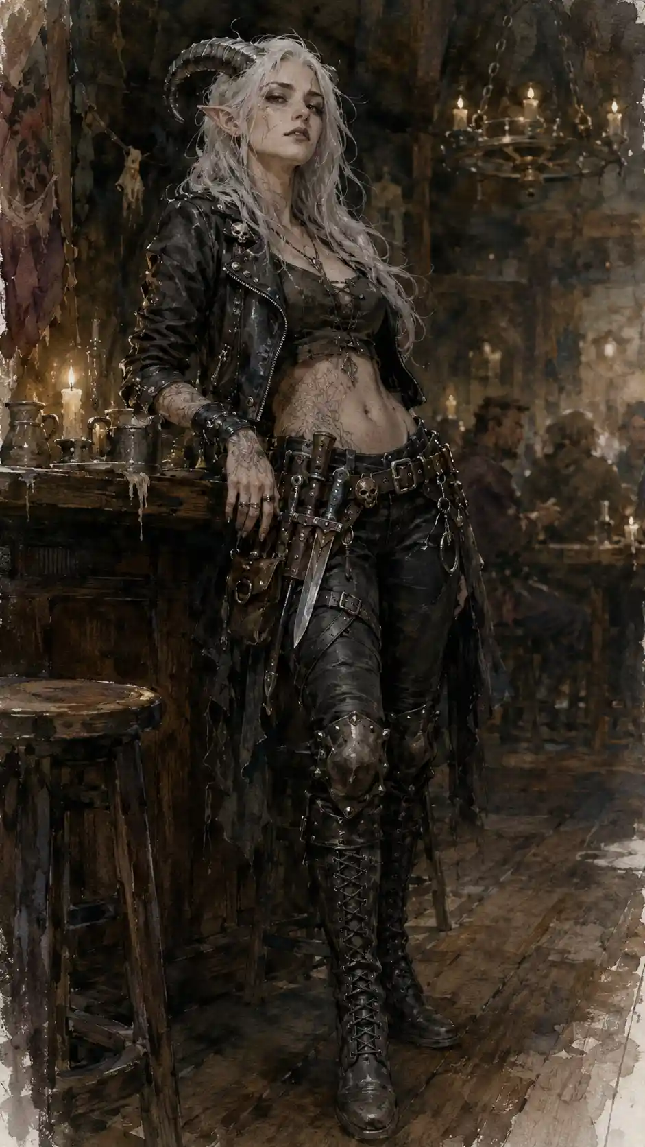 White haired tiefling woman in a dark medieval tavern