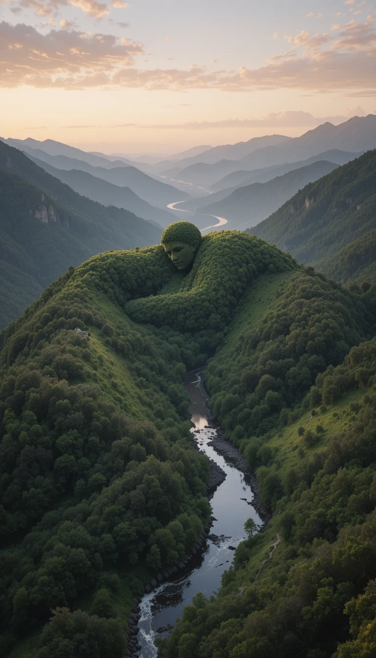 Surreal mountain giant forming a tranquil valley at sunrise