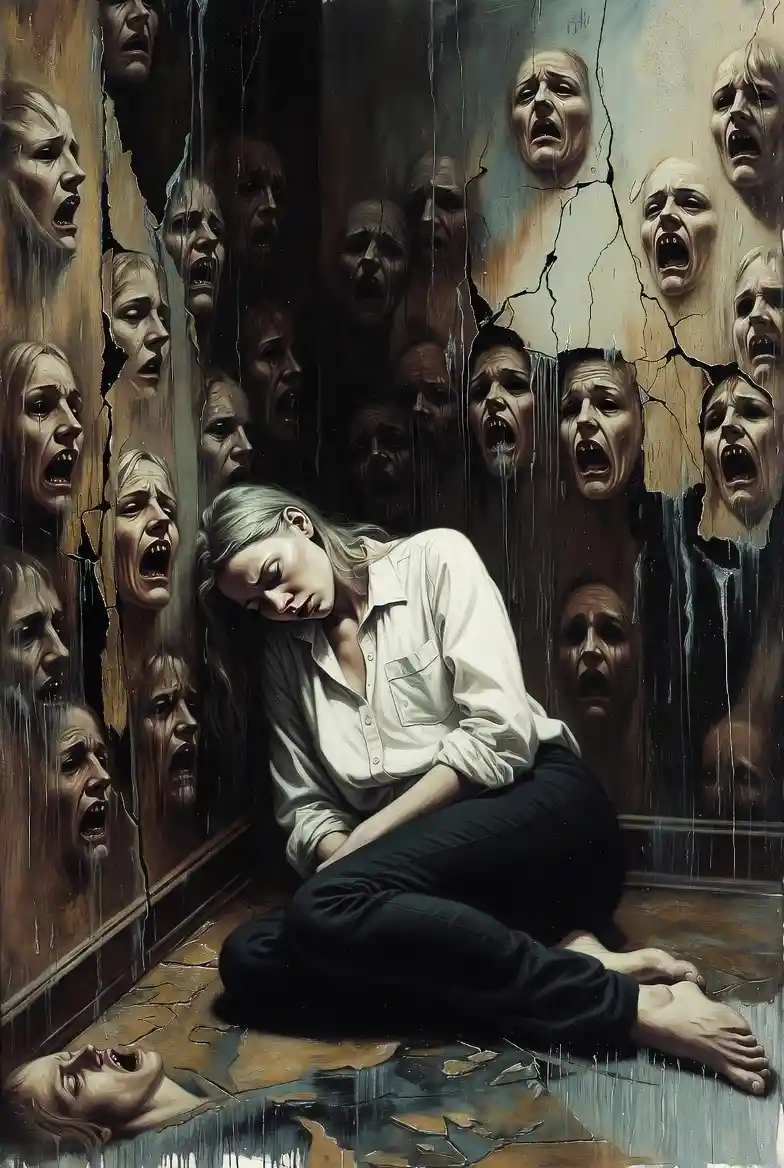 Gothic painting of a girl curled in a frozen gloomy room