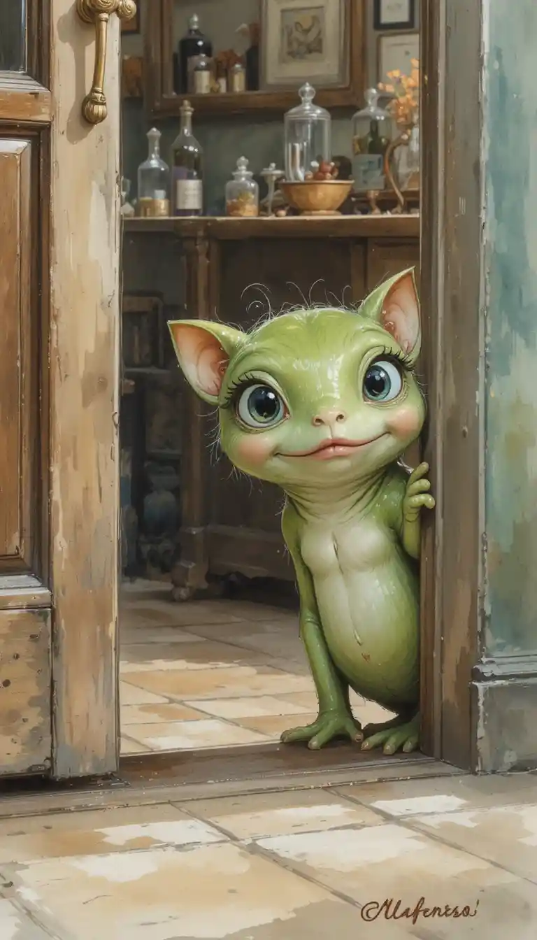 Cute green creature peeking around a cozy indoor corner