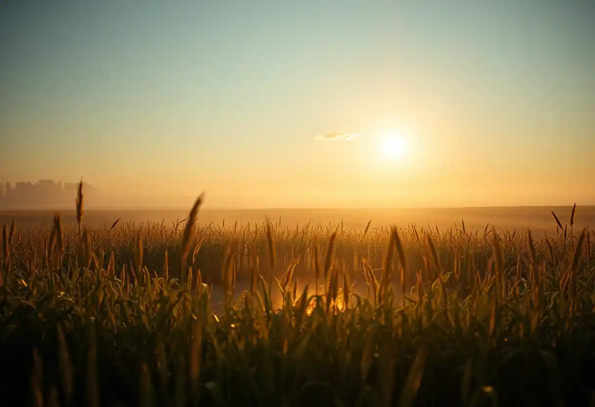 Mystical corn circle glowing in soft golden dawn light