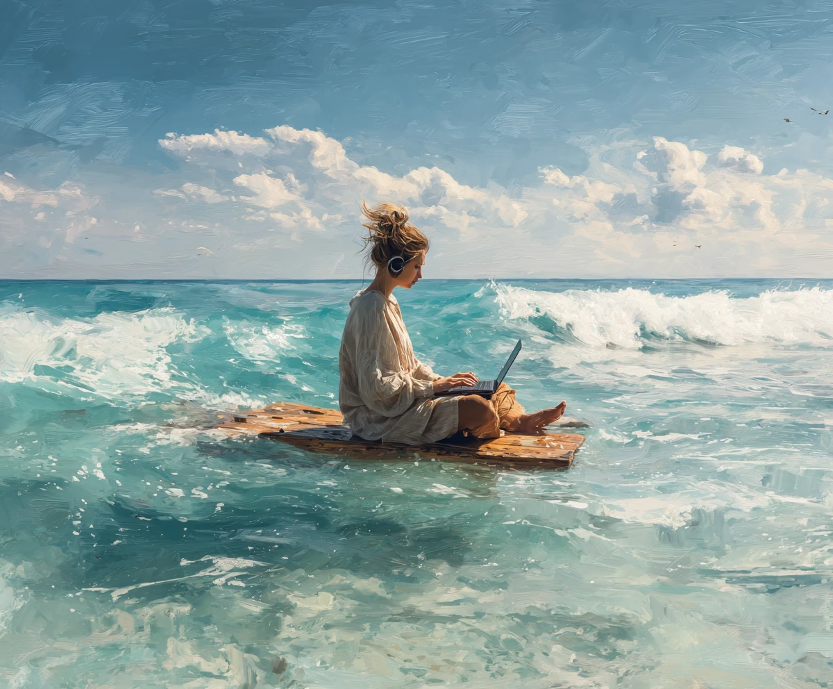 Digital nomad woman working calmly above turquoise ocean