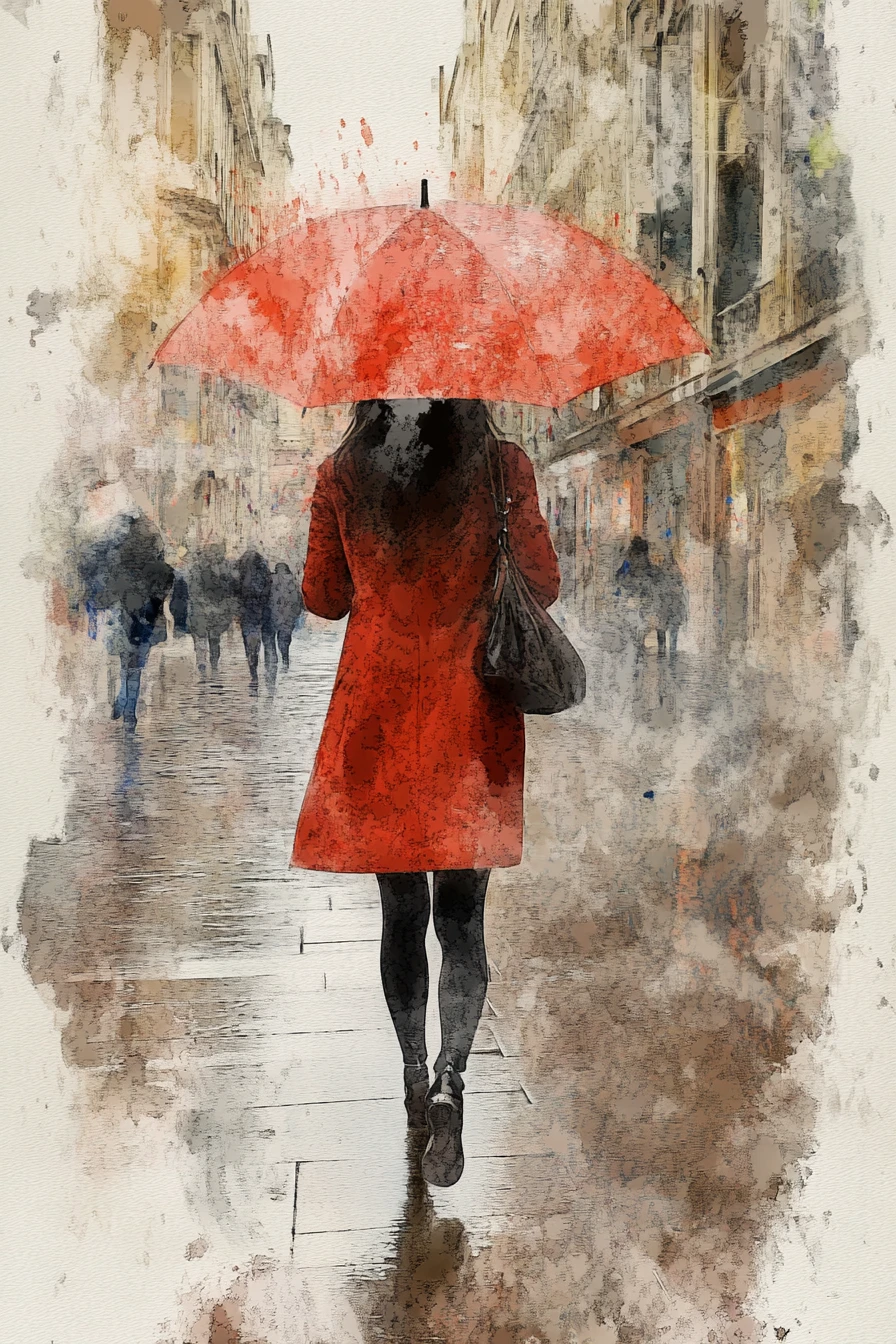 Watercolor of woman running with umbrella in rainy city street