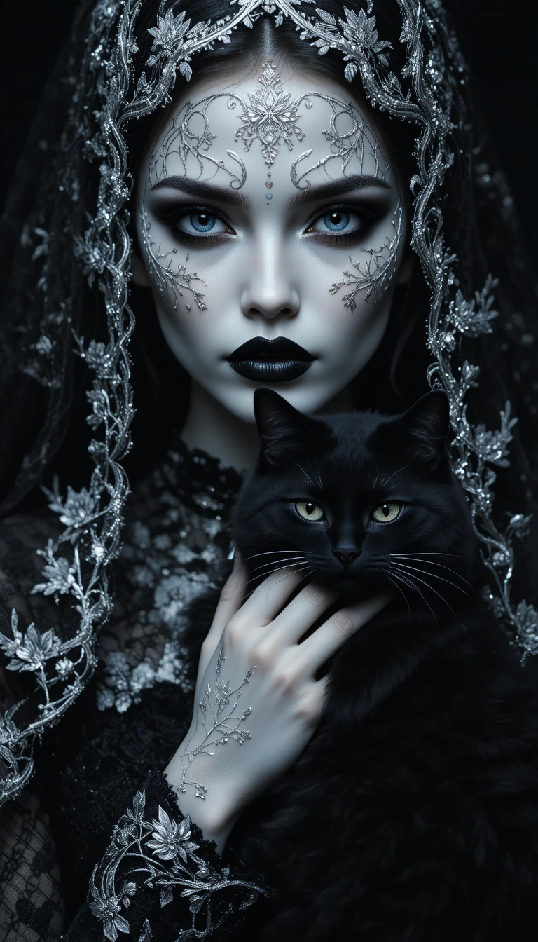Gothic woman in black lace veil holding a black cat