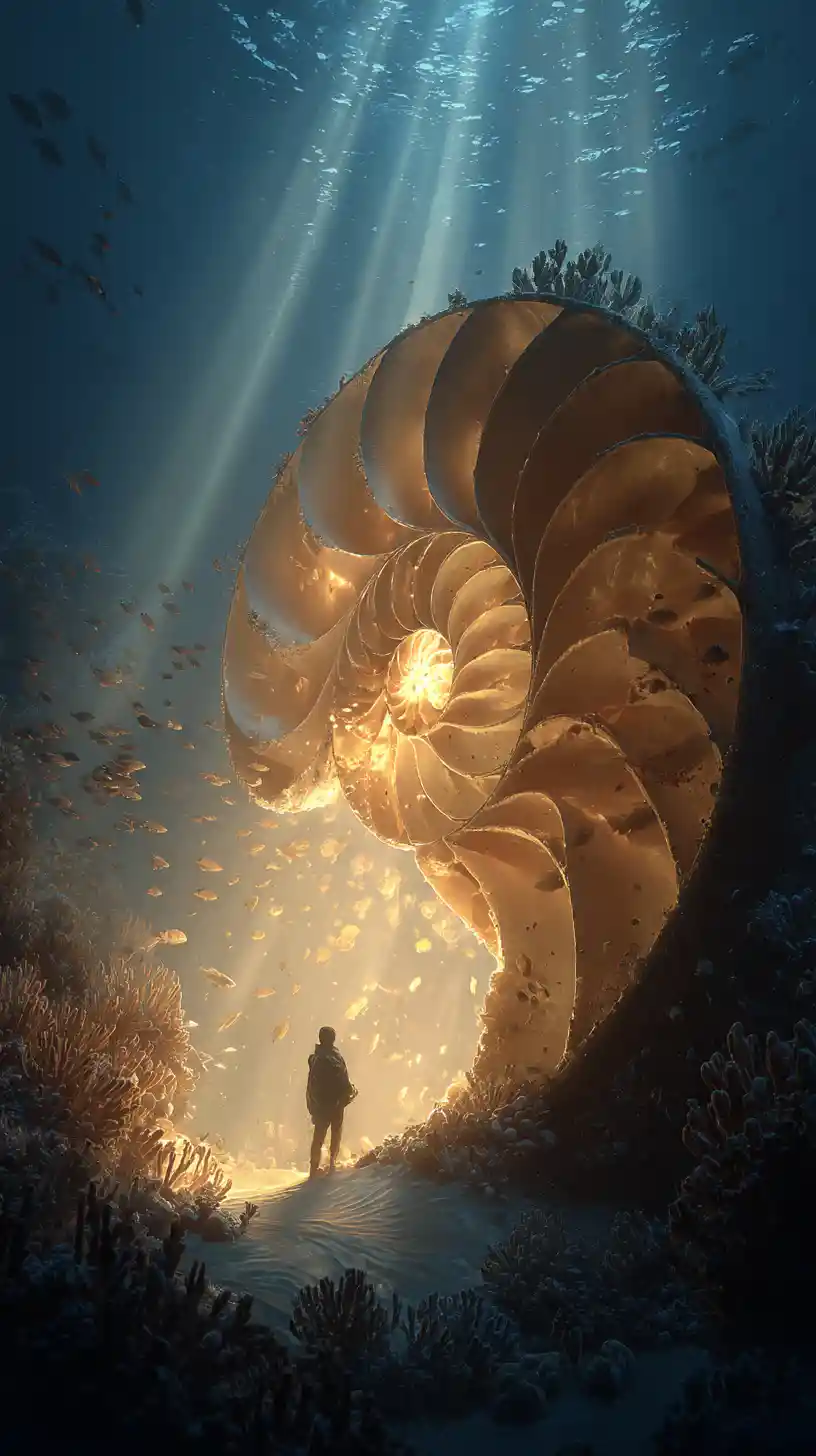 Giant Glowing Nautilus Cave With Lone Underwater Explorer