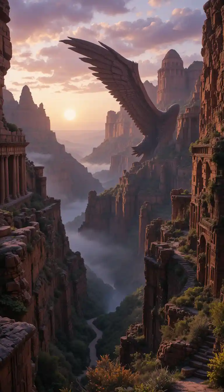 Cinematic canyon landscape with wing like cliffs at sunset
