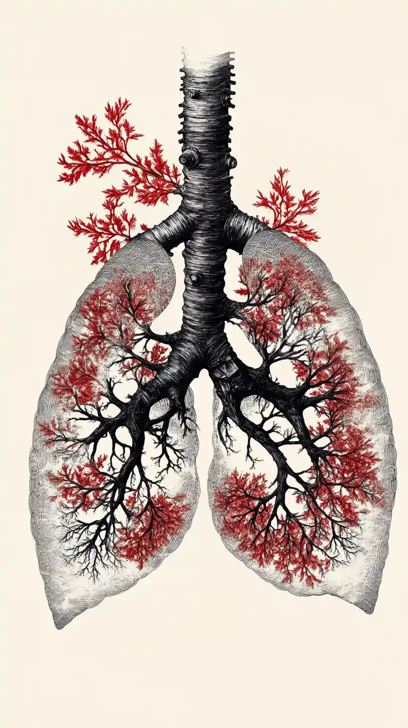 Human lungs formed from dying trees in botanical ink drawing