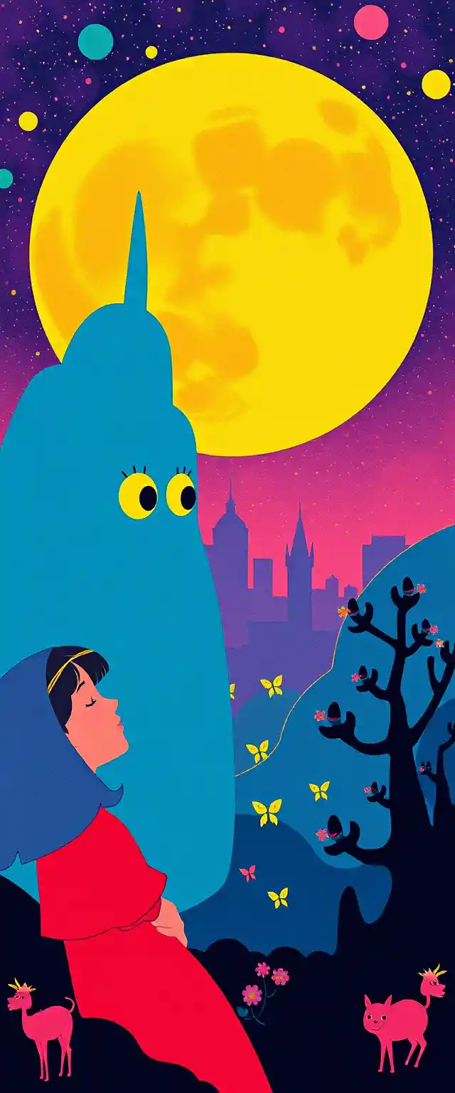 Whimsical retro fantasy characters in vibrant graphic style