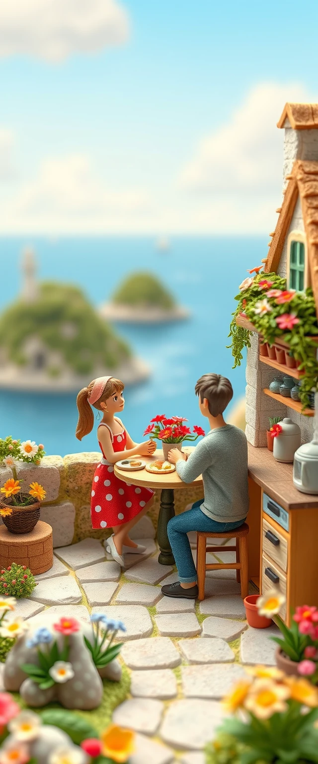 Whimsical claymation couple in a simple French kitchen