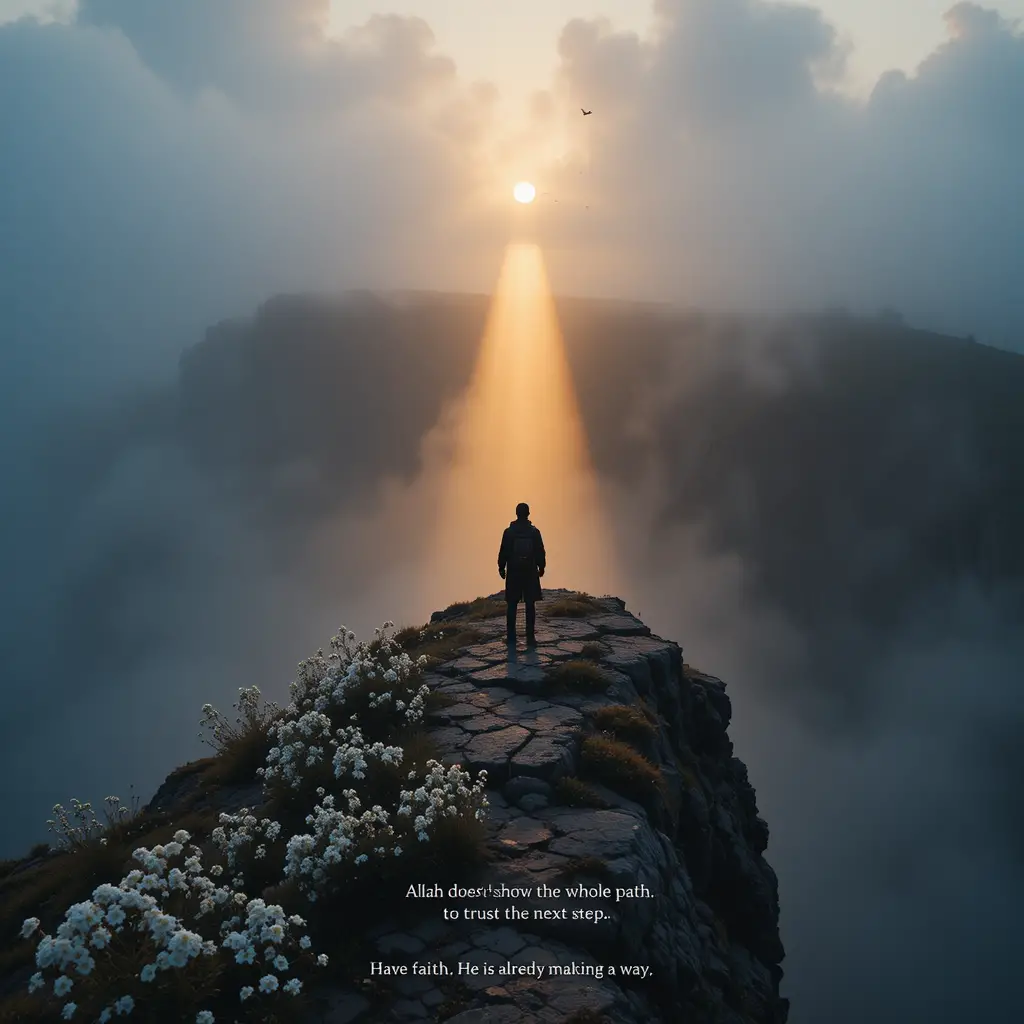 Silhouette traveler on a foggy cliff at sunrise