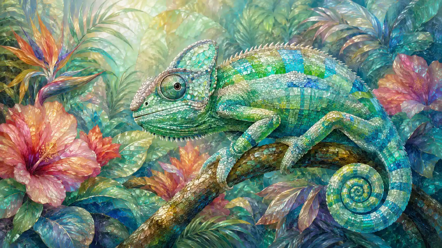 Colorful chameleon in a lush tropical jungle illustration
