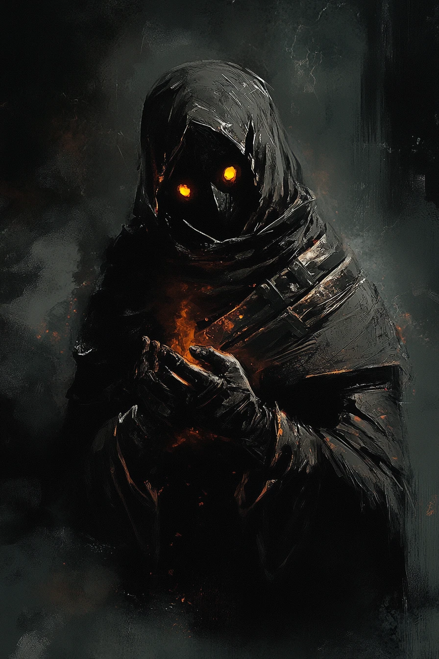 Weary figure praying by firelight in a dark chamber