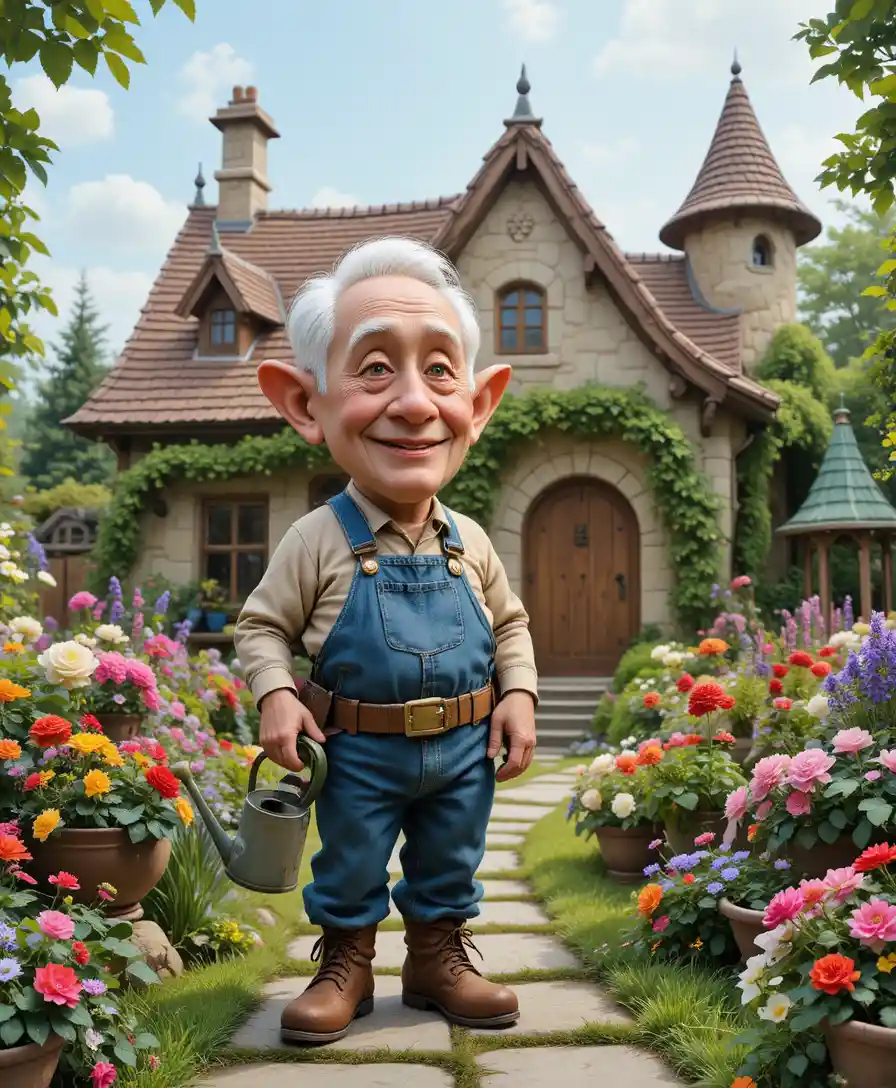 Elderly gardener tending a whimsical cottage flower garden