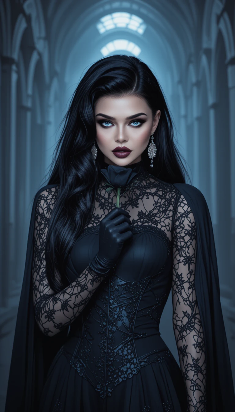 Gothic woman holding a black rose in cathedral light