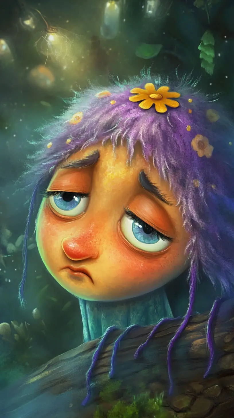 Mostro dei cartoni animati viola e triste con pelliccia cadente a forma di treccia