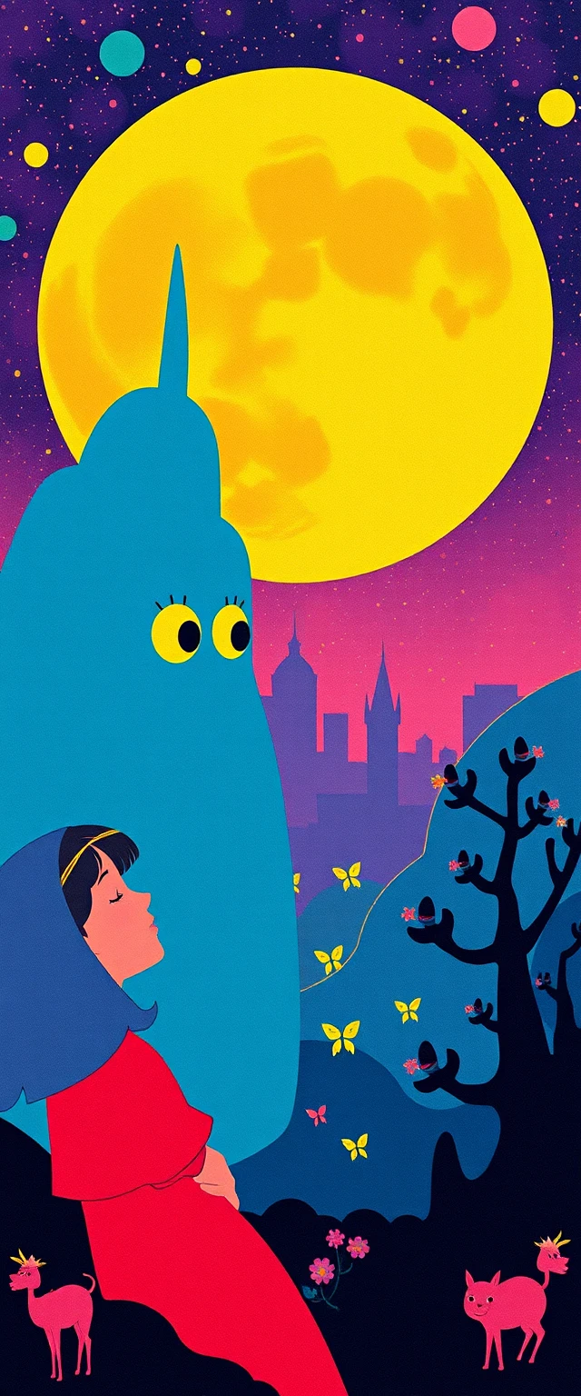 Whimsical retro fantasy characters in vibrant graphic style