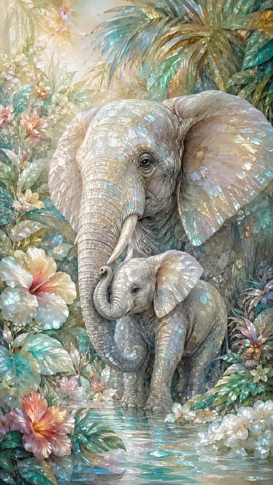 Elephant And Calf In Lush Tropical Jungle Illustration
