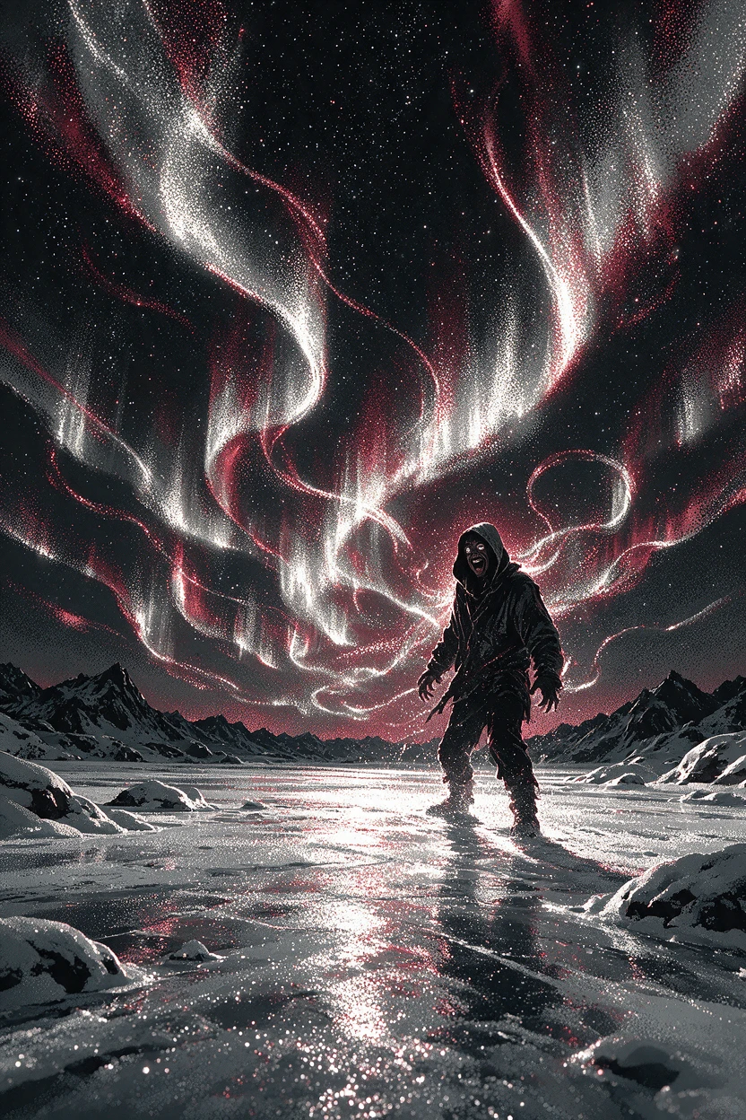 Hooded man beneath glowing aurora over icy landscape