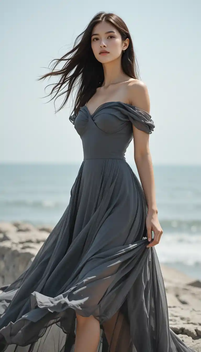 Elegant woman in flowing charcoal dress by the sea