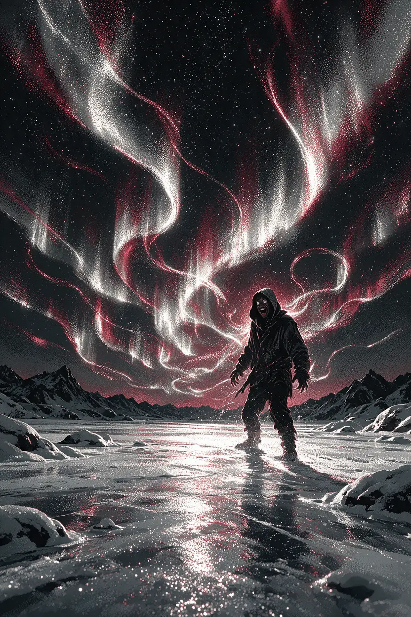 極光照耀下冰封大地上的戴兜帽男子