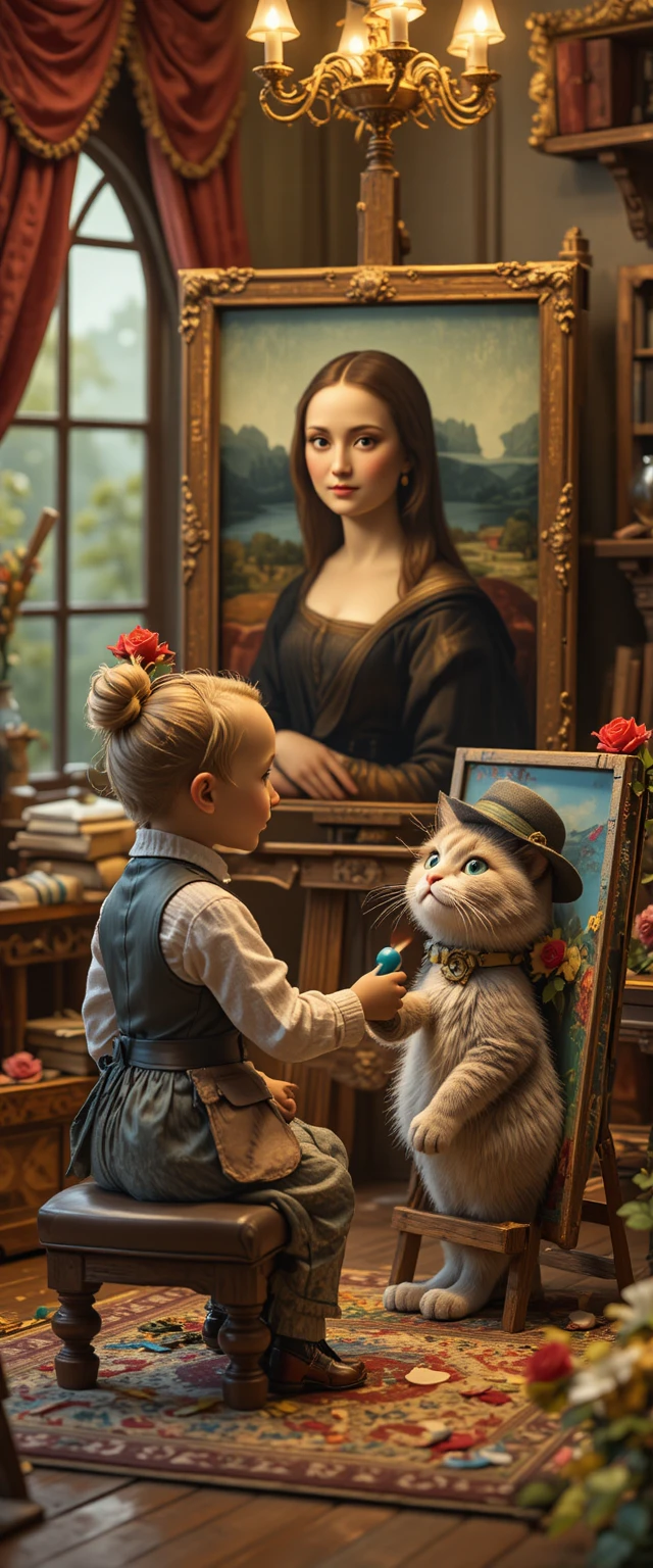 Fluffy cat artist painting a feline Mona Lisa in studio