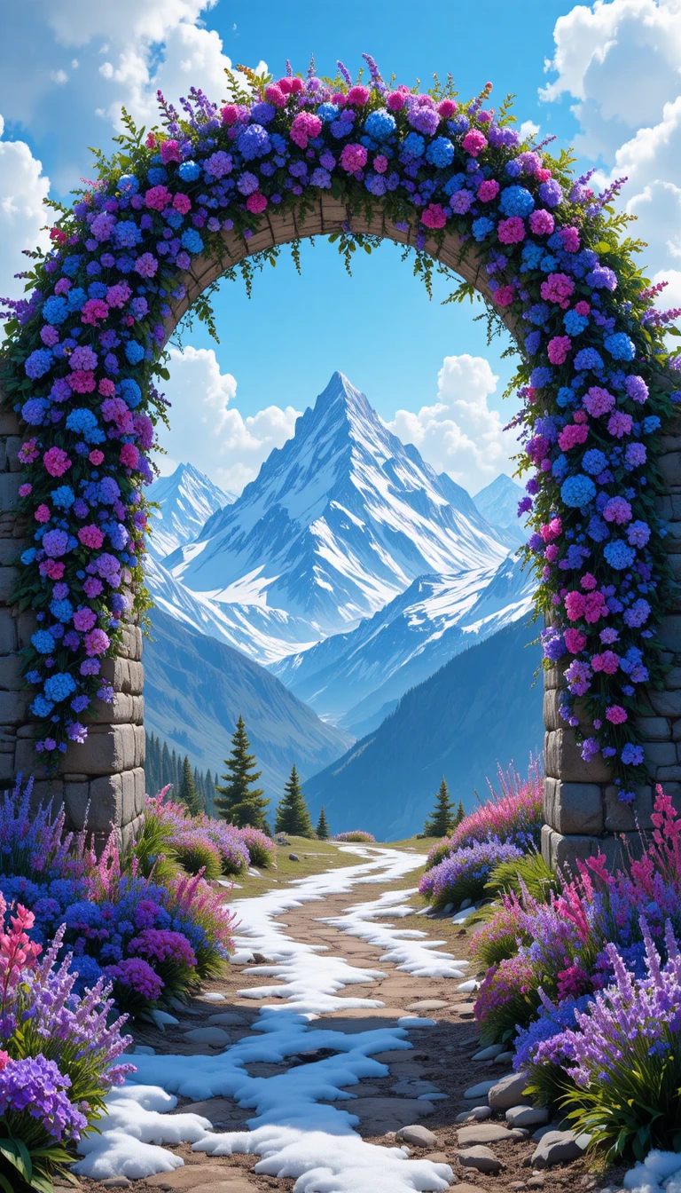 Stone archway framing snow capped alpine mountain vista
