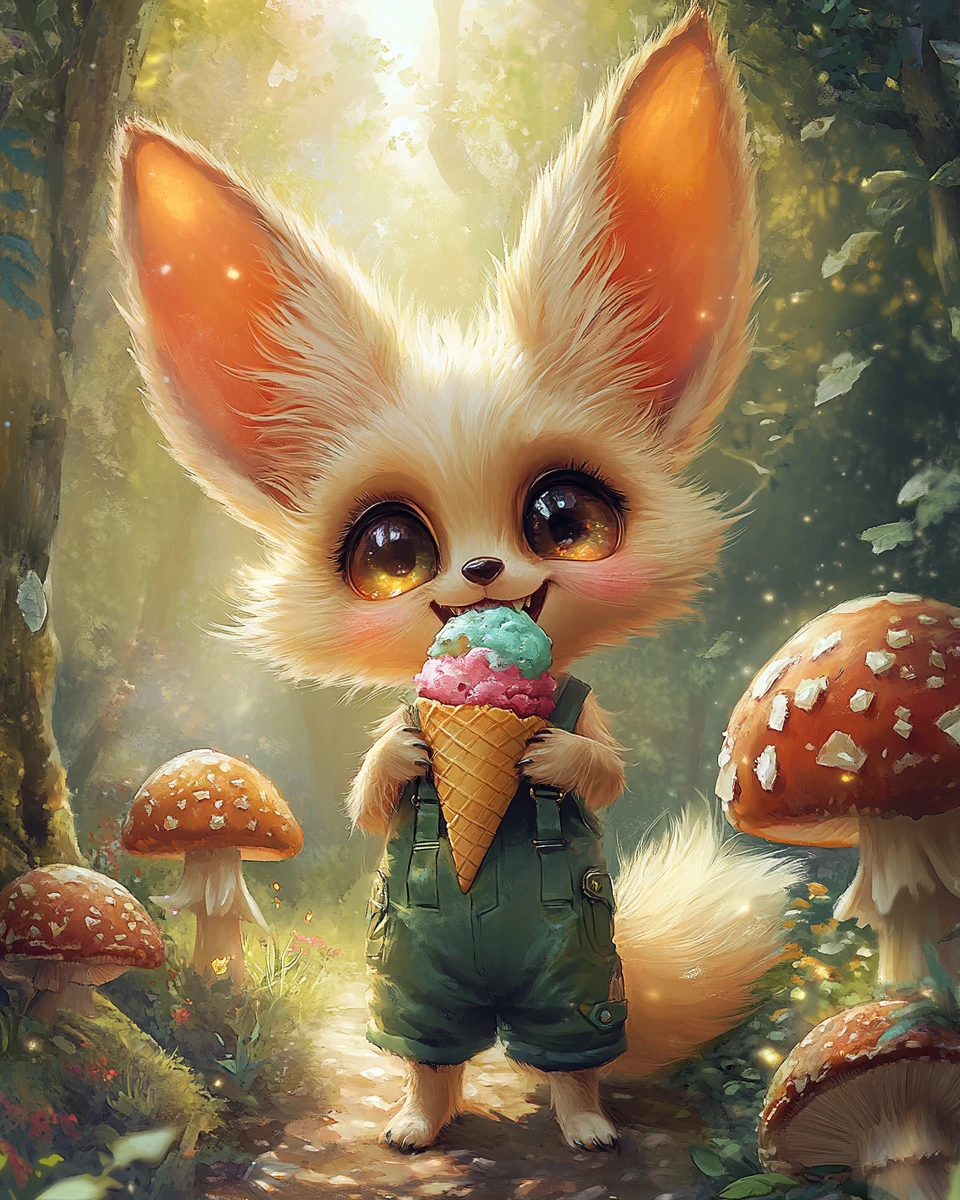 Cute fennec fox eating ice cream in a magic forest