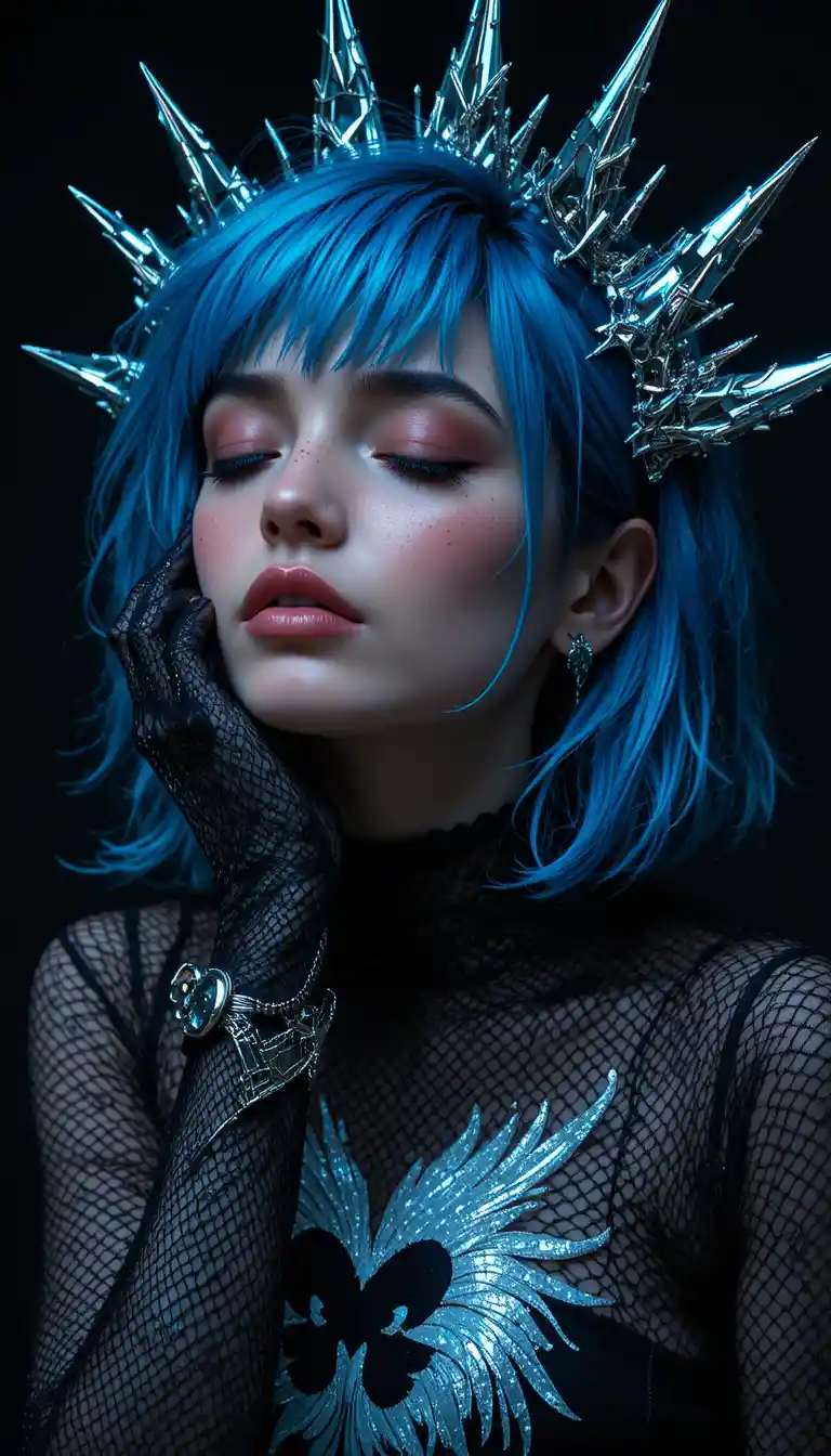 Ritratto di donna sognante dai capelli blu con punte cromate