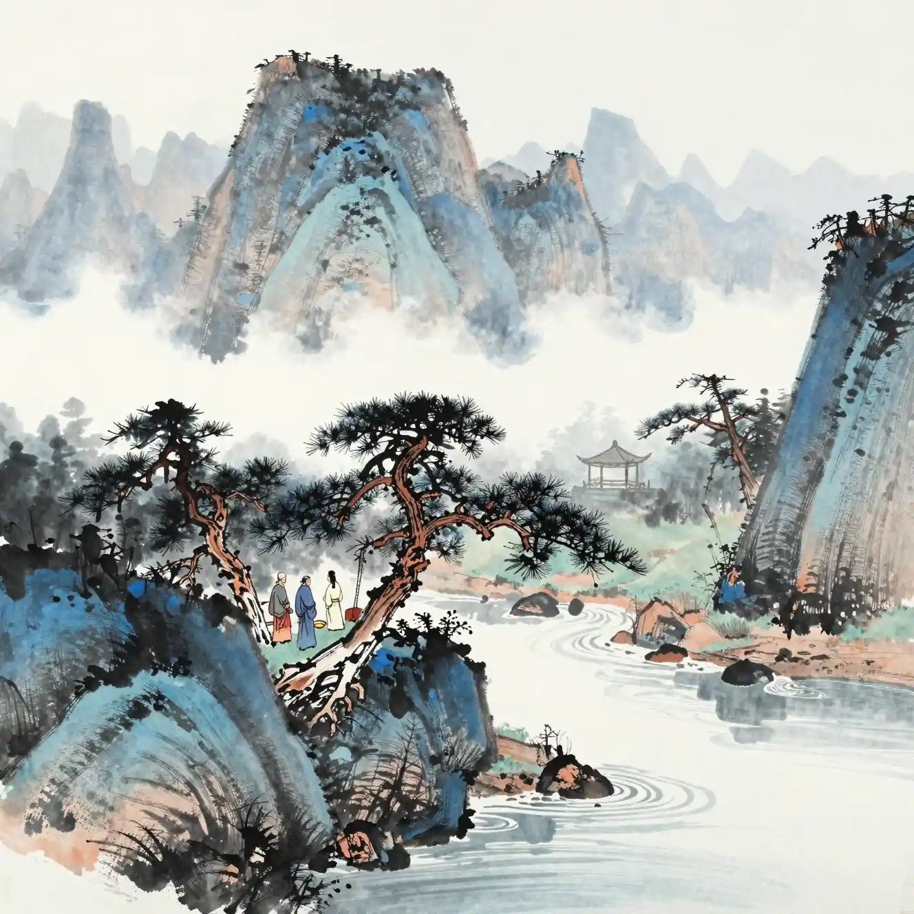 Couple Meeting Under Pines In Misty Mountain Landscape