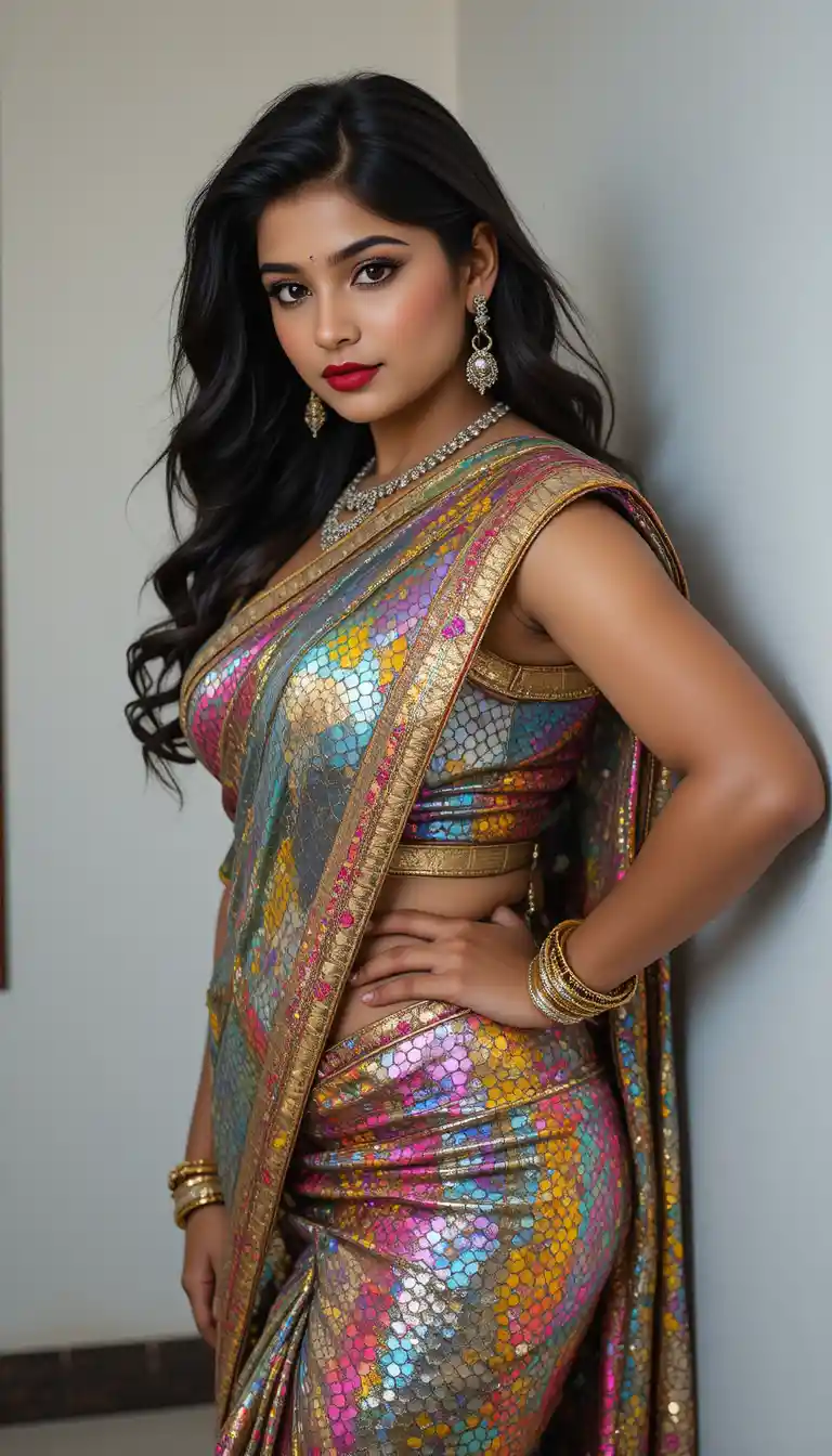 Tamil woman in glossy hexagon saree leaning indoors