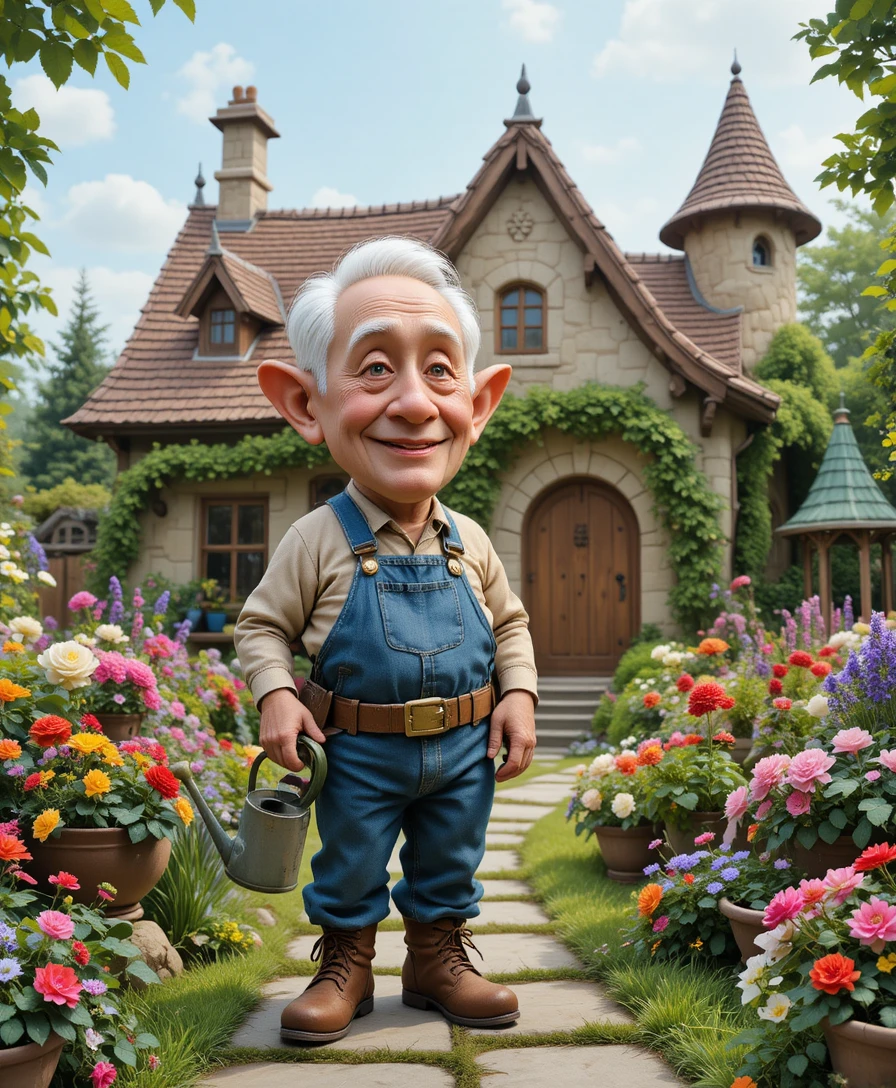 Elderly gardener tending a whimsical cottage flower garden