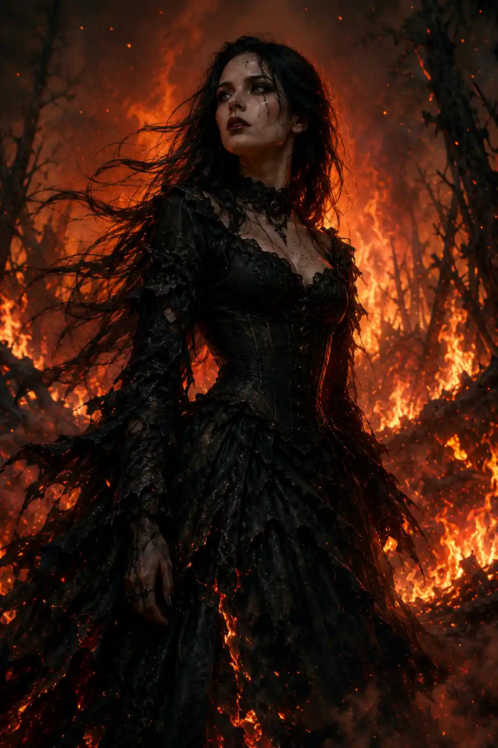 Gothic woman standing in flames of a burning forest