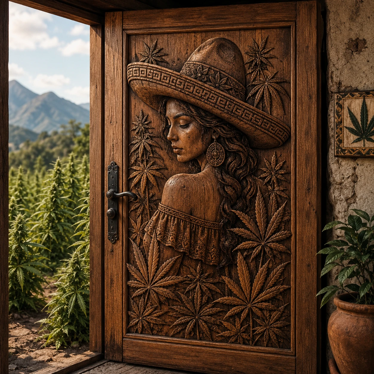 Wooden door carved with a woman in a marijuana field