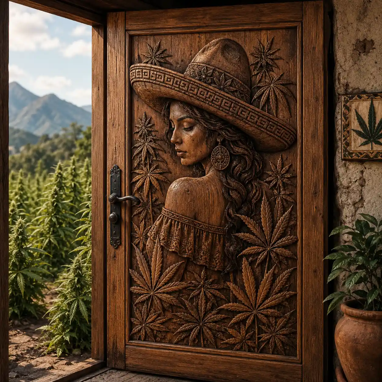 Wooden door carved with a woman in a marijuana field